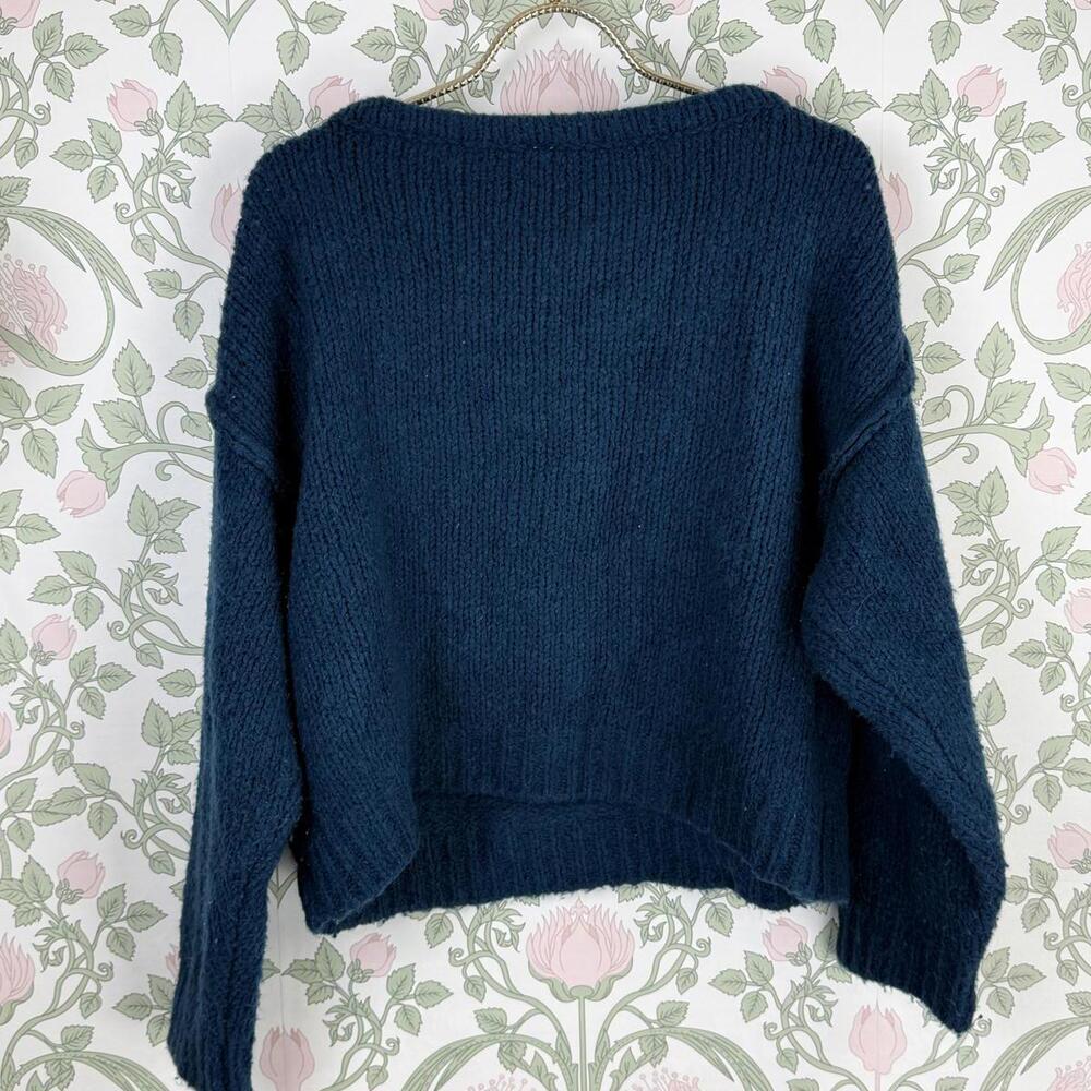 Anthropologie Scoopneck Wool Blend Cropped Navy Blue Knit Sweater - Size - Small - Picture 2 of 7